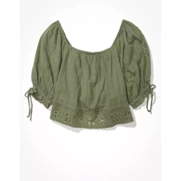American Eagle Wide Neck Puff-Sleeve Olive Green Eyelet Puff-Sleeve Blouse Large - Picture 3 of 9